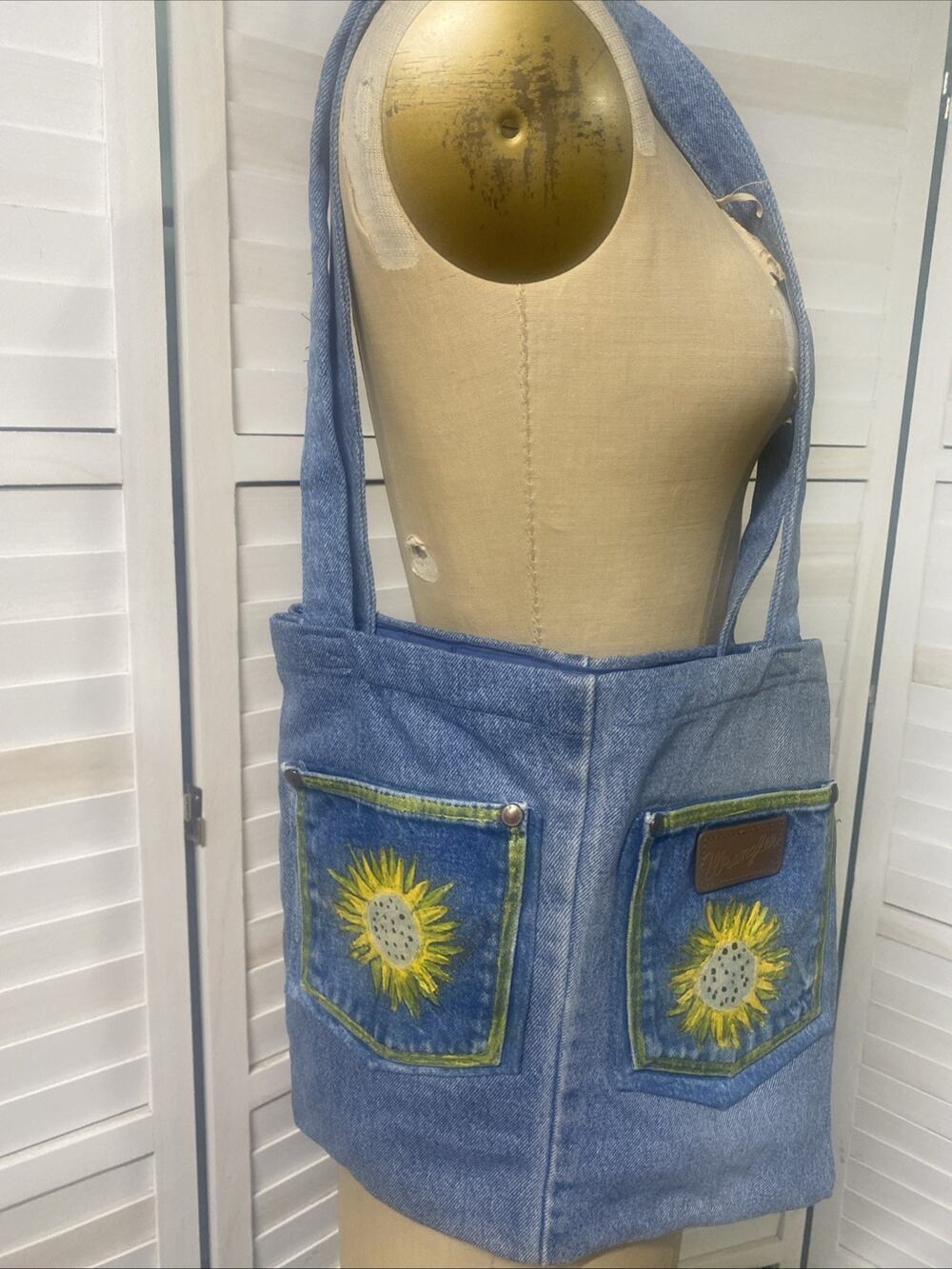 Upcycled Blue Denim Jean Tote Purse Sunflower Painted Pockets Wrangle Handmade